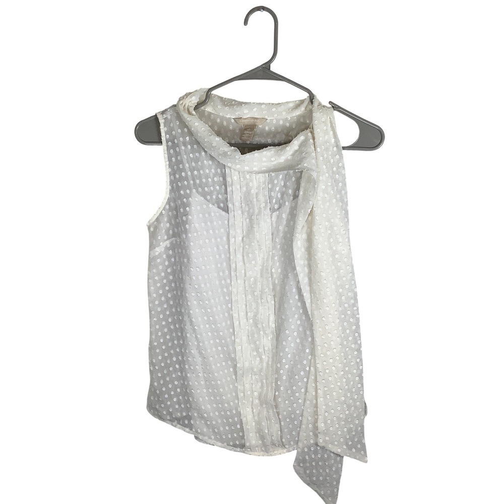 Banana Republic Womens Ivory Clip Dot Sleeveless Tie Neck Blouse Pleated 4P